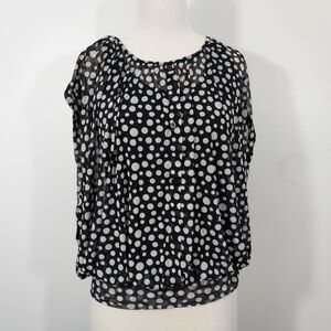 French Laundry Women's Shirt Top Size L Black White Polka Dot Polyester Spandex